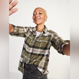 Old Navy Oversized Plaid Flannel Boyfriend Tunic Shirt, Olive Plaid, size L